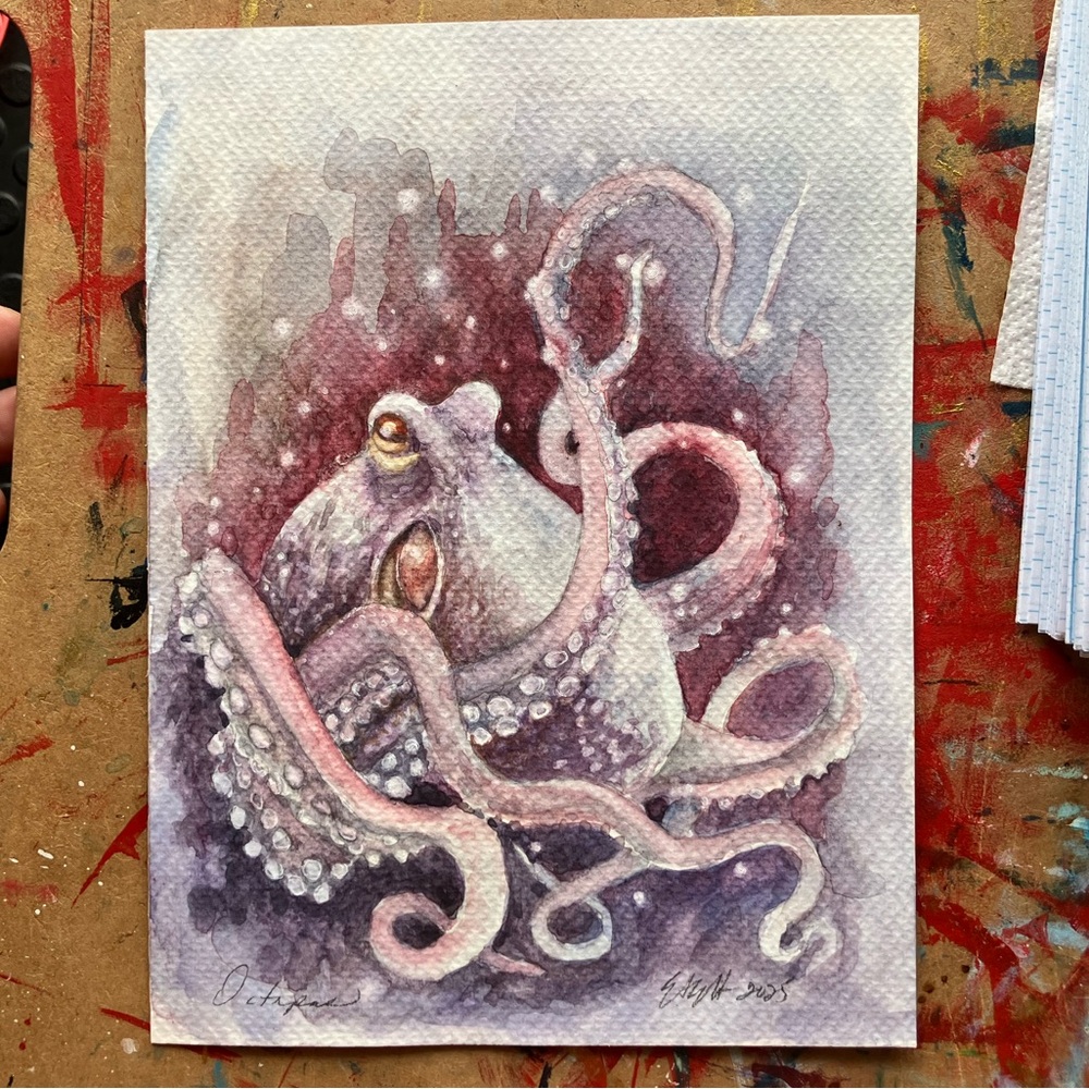 Original octopus painting kraken ocean art watercolor squid sealife artwork USA - Picture 4 of 5